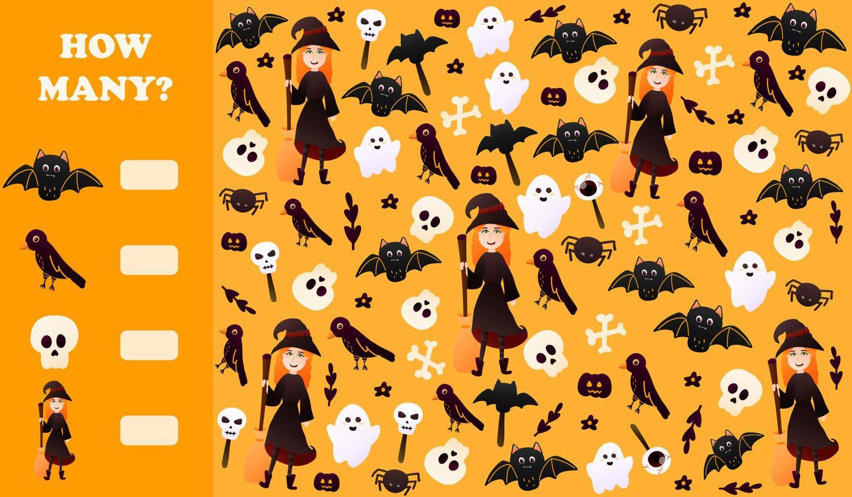 How many puzzle or riddle for kids for halloween with witch character holding broom, ghosts and bats, spooky elements on orange background, printable worksheet, indoor game vector