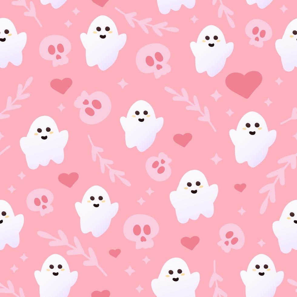 Ghost cute seamless pattern in pink colours with skulls, hearts and leaves, ornate for wrapping paper or backgrounds, childish wallpaper or fabric motif for halloween vector