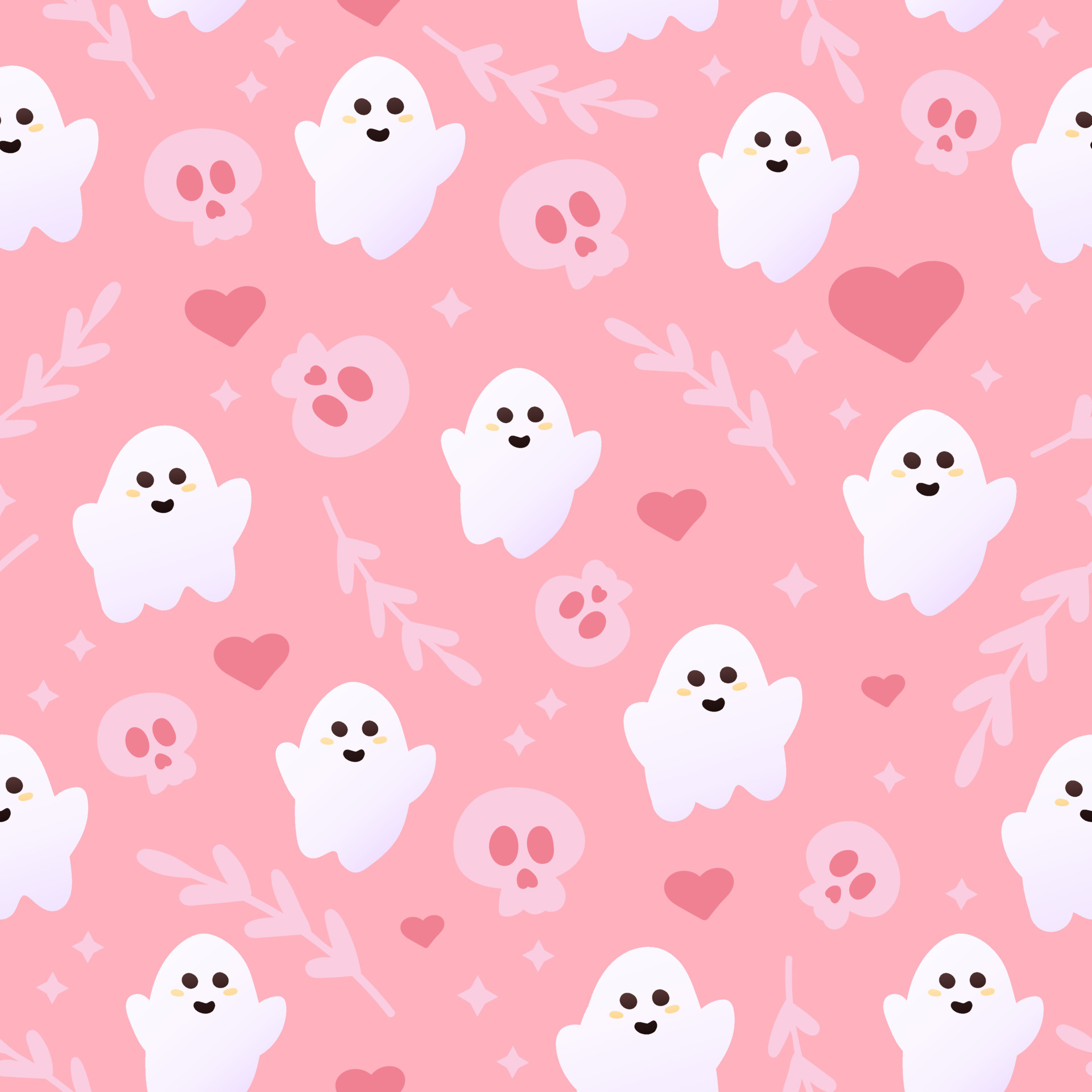 Ghost cute seamless pattern in pink colours with skulls, hearts ...