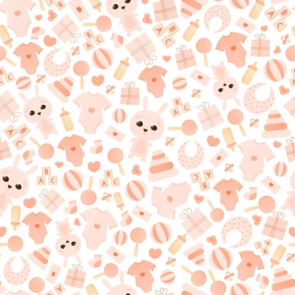 Seamless pattern for its girl baby shower party for print or textile, toddler related concept with kids toys and clothes vector