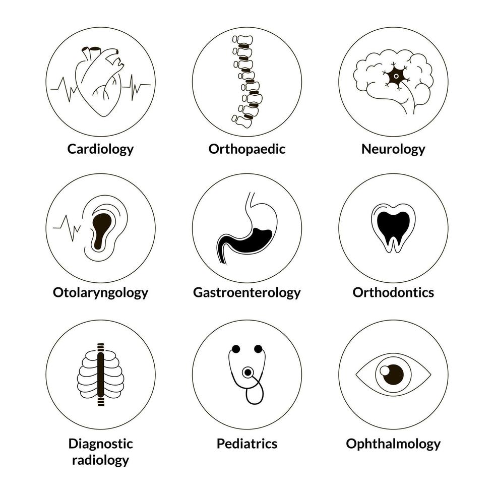 Medical specialties icon set in black and white style isolated on white background, design element vector