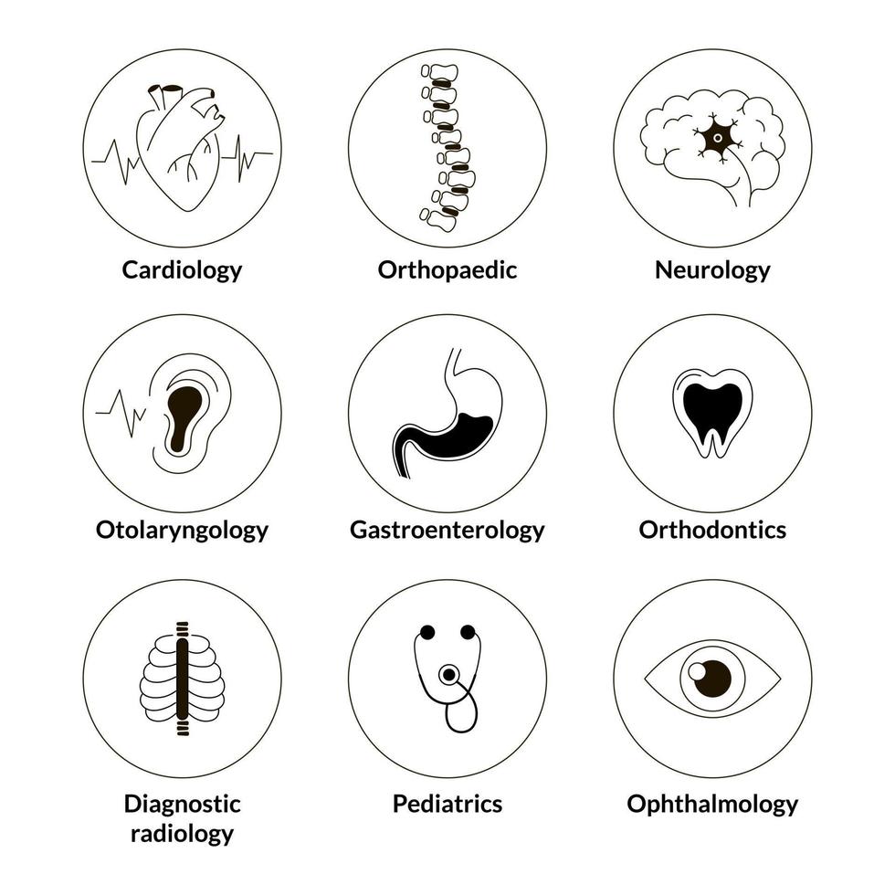 icono de especialidades médicas establecido en estilo blanco y negro aislado sobre fondo blanco, elemento de diseño vector