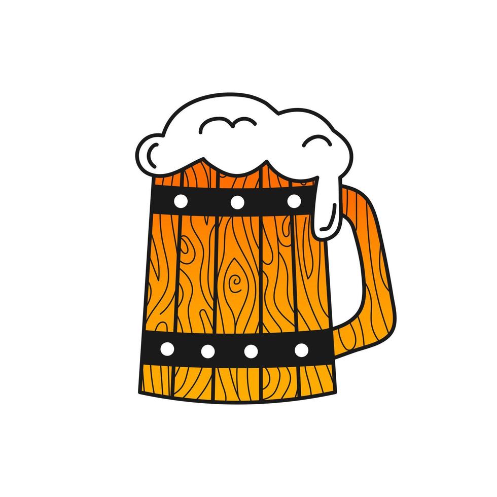 taza de madera de garabato de cerveza artesanal para el diseño del menú de cerveza o símbolo para la cervecería aislada en fondo blanco, bebida de cerveza con estilo de dibujos animados de espuma en colores negro y amarillo vector