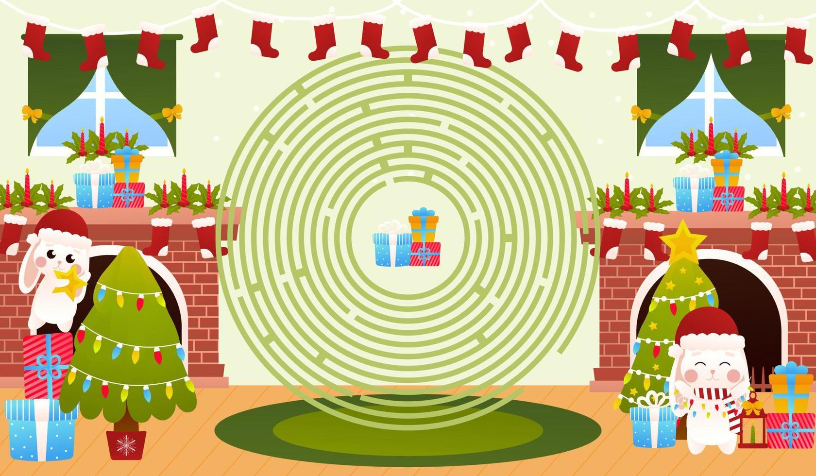 acertijo navideño para niños con lindos conejitos que decoran el árbol de navidad, juego de laberinto circular vector