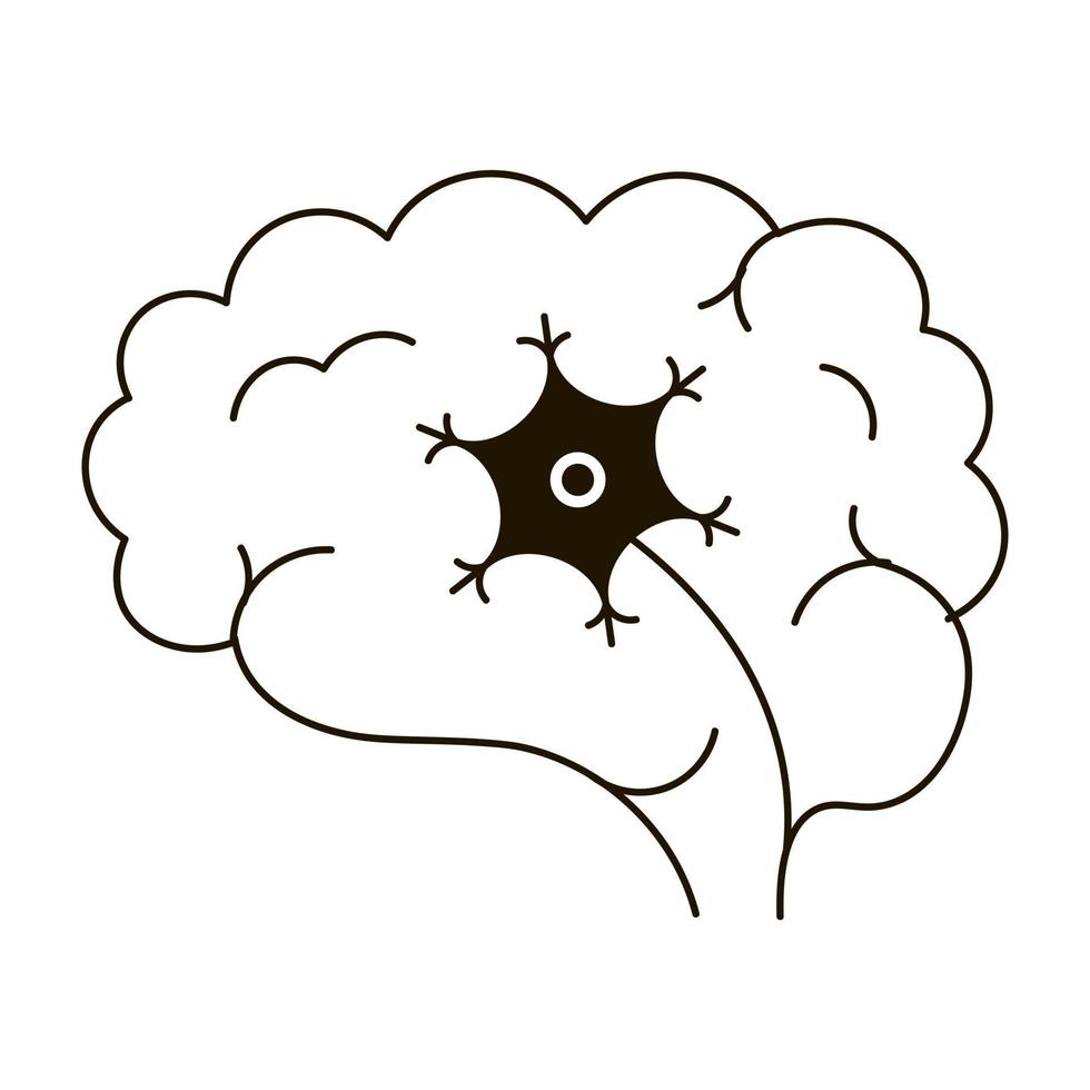 Human brain with neuron icon in outline style isolated on white background, medical health care concept vector