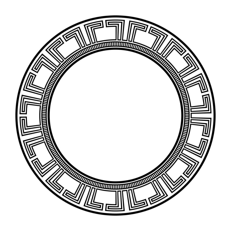 marco redondo de clave griega antigua, adorno de laberinto geométrico, meandro de grecia, pincel de patrón, ilustración de vector negro, motivos egipcios y asiáticos