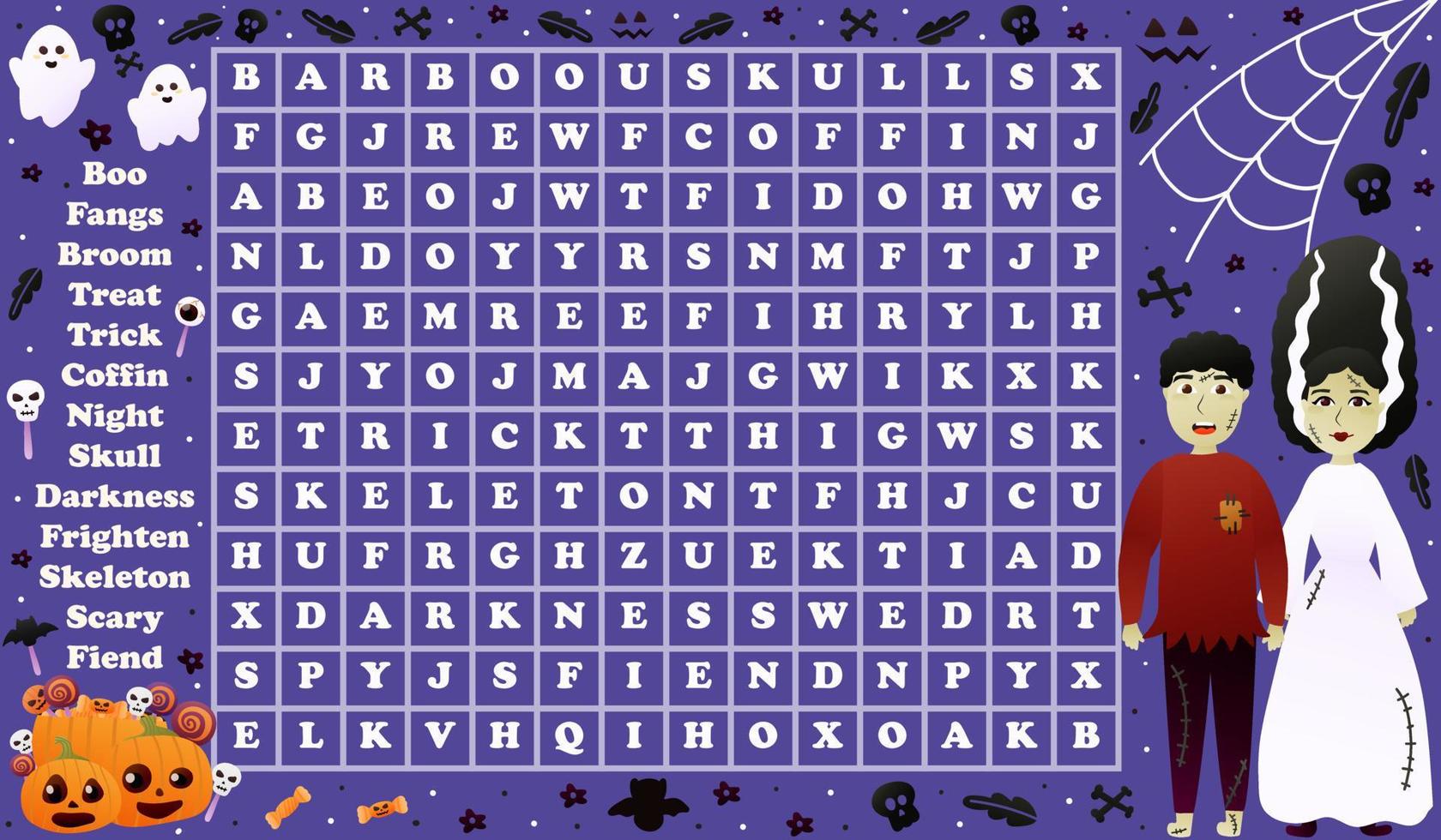 Colourful halloween riddle for searching words with cute characters on violet background with pumpkins and ghosts, printable worksheet for educational indoor activity, holiday theme game vector