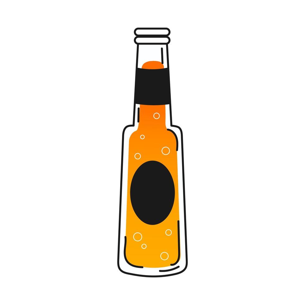 botella de cerveza en estilo dibujado a mano con burbujas sobre fondo blanco, elemento de cervecería en colores negro y amarillo, clip art de estilo de dibujos animados para la fiesta de la cerveza, icono para el alcohol vector
