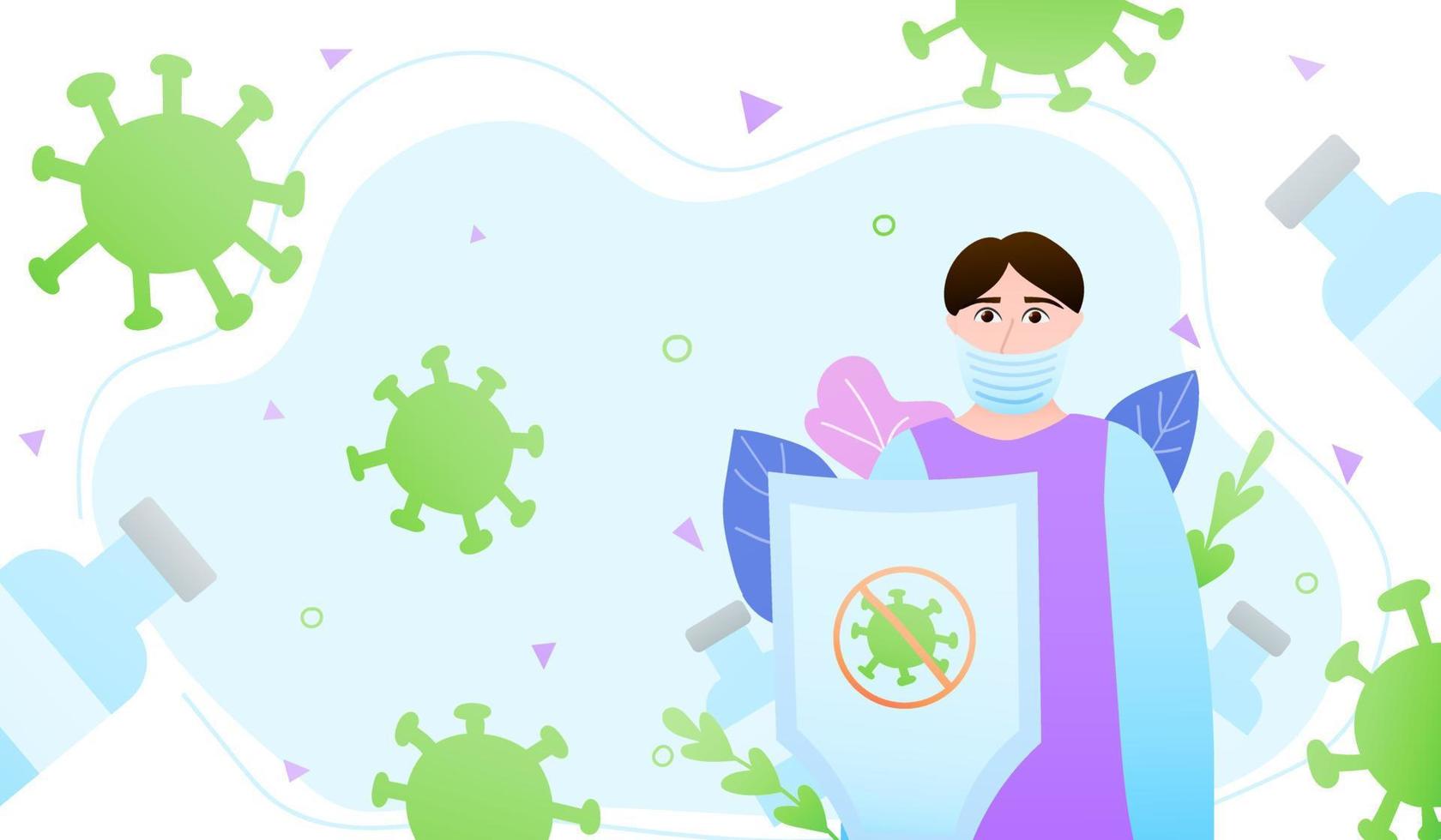 Vaccination concept with cute male doctor in mask holding shield, microbs everywhere, medical illustration for prevention desease, floral elements on background in cartoon style vector