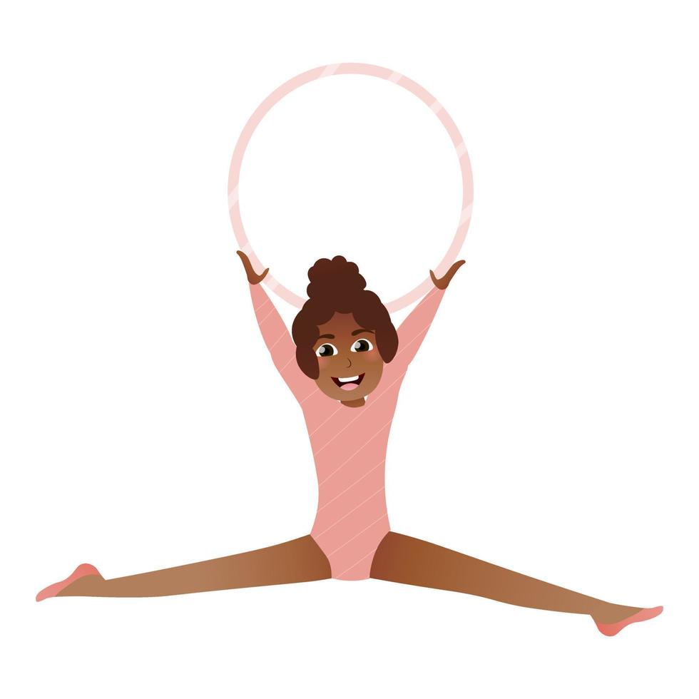 Cute african girl playing with hoop, little gymnast doing twine, preparing for competition, spending time with fun, kids sport activity in cartoon style on white background vector