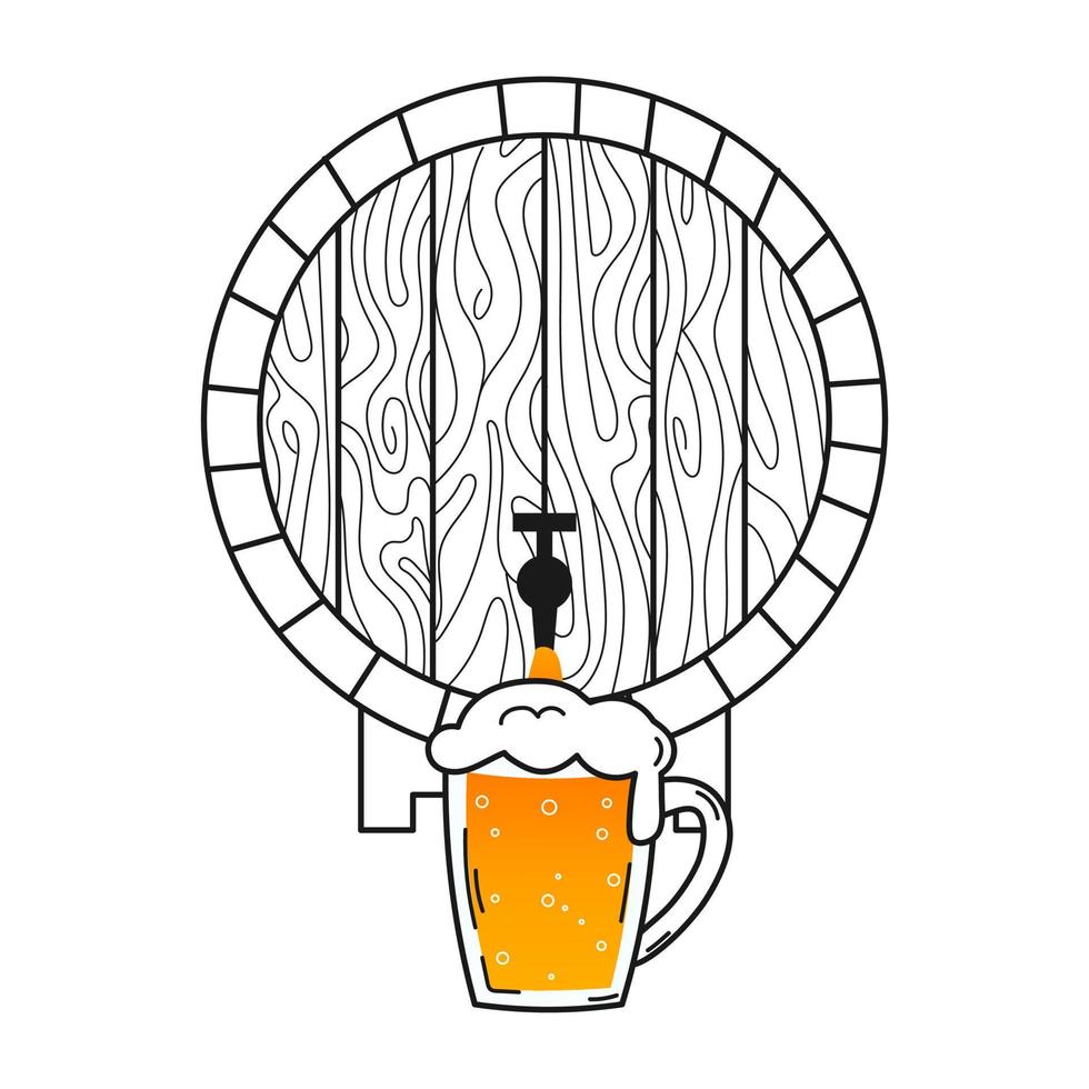 Wooden barrel with beer and glass mug og beer in hand drawn style isolated on white background for brewery design or alcohol menu vector