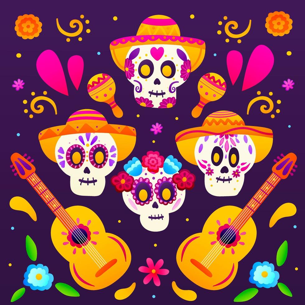 Colourful dia de los muertous greeting card, square composition with sugar skulls, flower elements, sombreros and musical instruments, happy day of dead, Mexican festival celebration vector