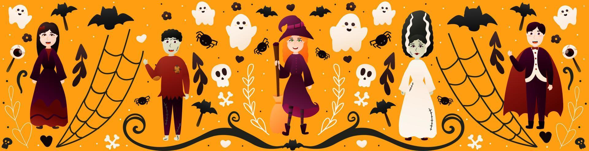 pancarta de halloween con lindas tapas en diferentes disfraces espeluznantes sobre fondo naranja con murciélagos, calaveras y arañas, tarjeta de saludo horisontal con vampiro, bruja y fantasmas en estilo de dibujos animados vector