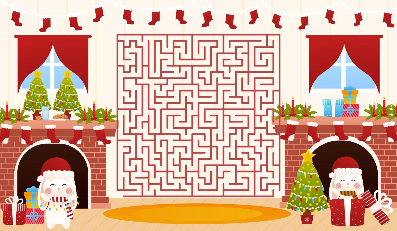 acertijo navideño para niños con lindos conejitos navideños, juego de laberinto laberinto, hoja de trabajo imprimible para niños vector