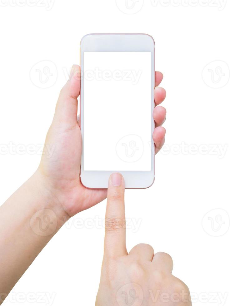 Hand holding smart phone isolated on white background photo