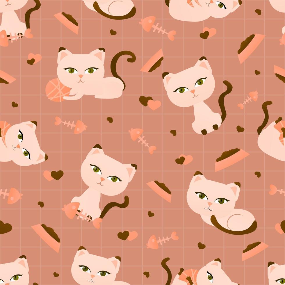 Seamless pattern with cartoon cat character in different poses on brown striped background with fish and food vector