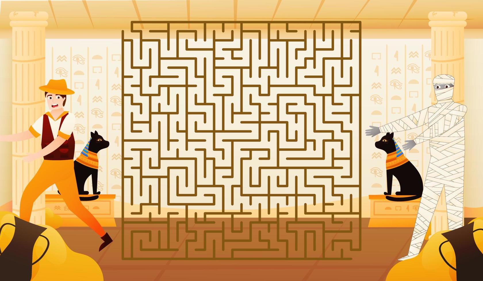 Colourful riddle labyrinth for kids with archaelogist trying to run away from mummy in cartoon style, ancient egypt concept, with cat statue, underground pyramid adventure, game for children vector