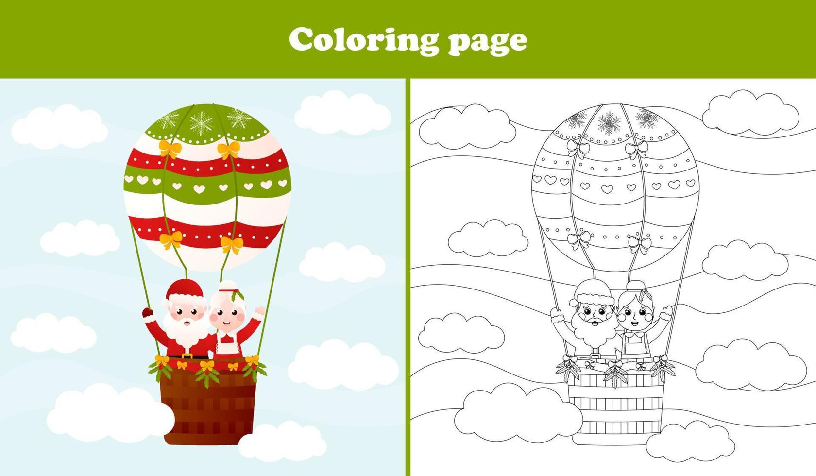 Santa Claus and mrs Claus flying a hot air balloon coloring page for kids, educational printable game for children in cartoon style, christmas holidays vector