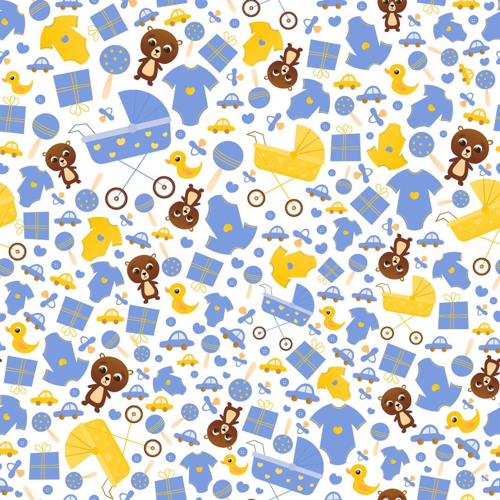 Newborrn related concept for baby shower seamless pattern for print or textile, cartoon style elements teddy, duck vector