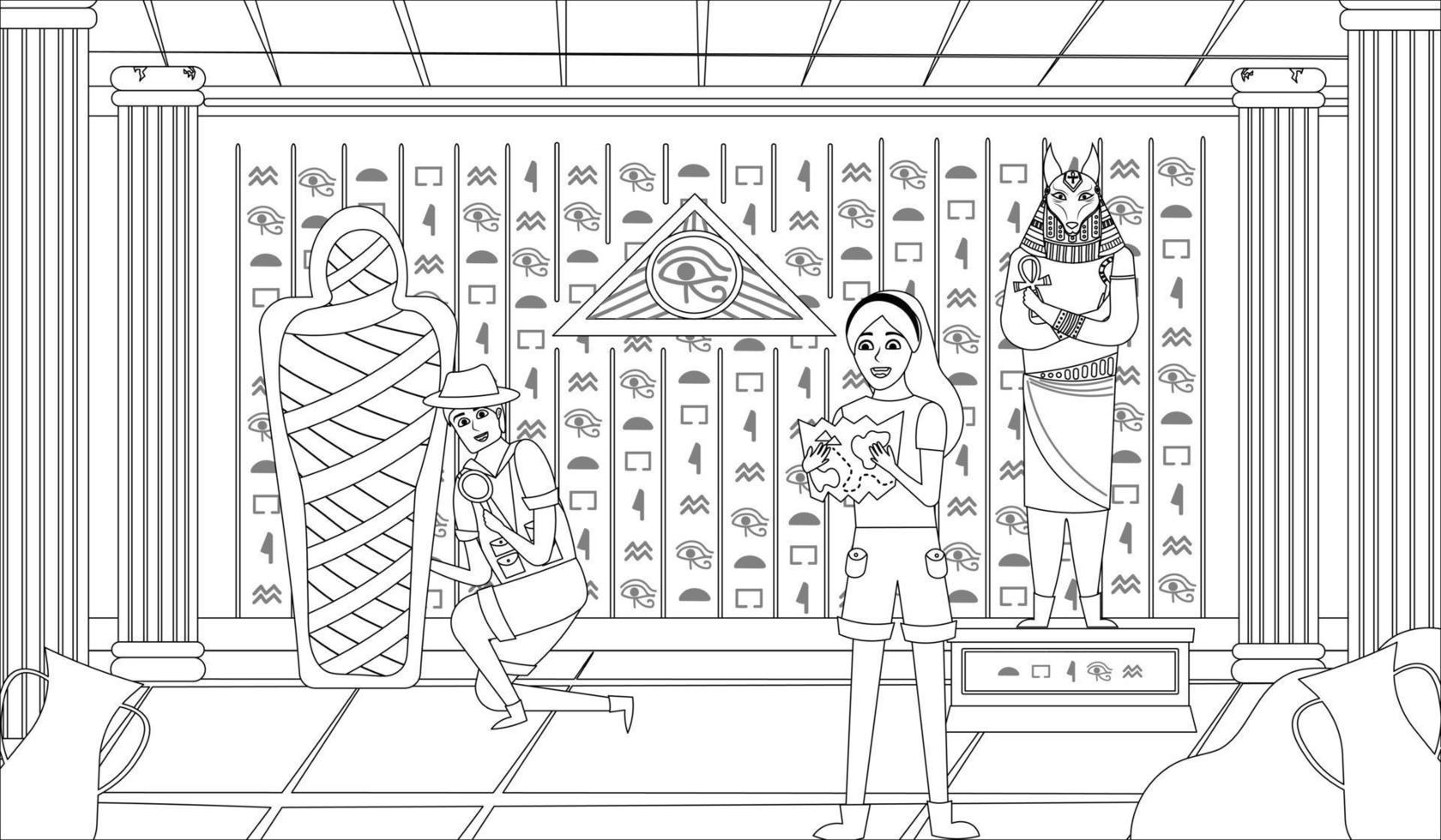 Ancient Egypt pyramide inside interior with columns and symbols,coloring book page for kids and adults vector