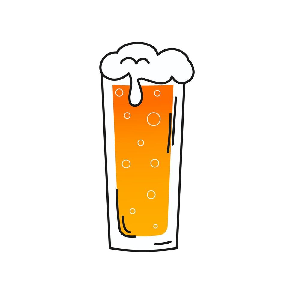 vaso de cerveza al estilo garabato con espuma de cerveza y burbujas aisladas en fondo blanco para el diseño del menú vector