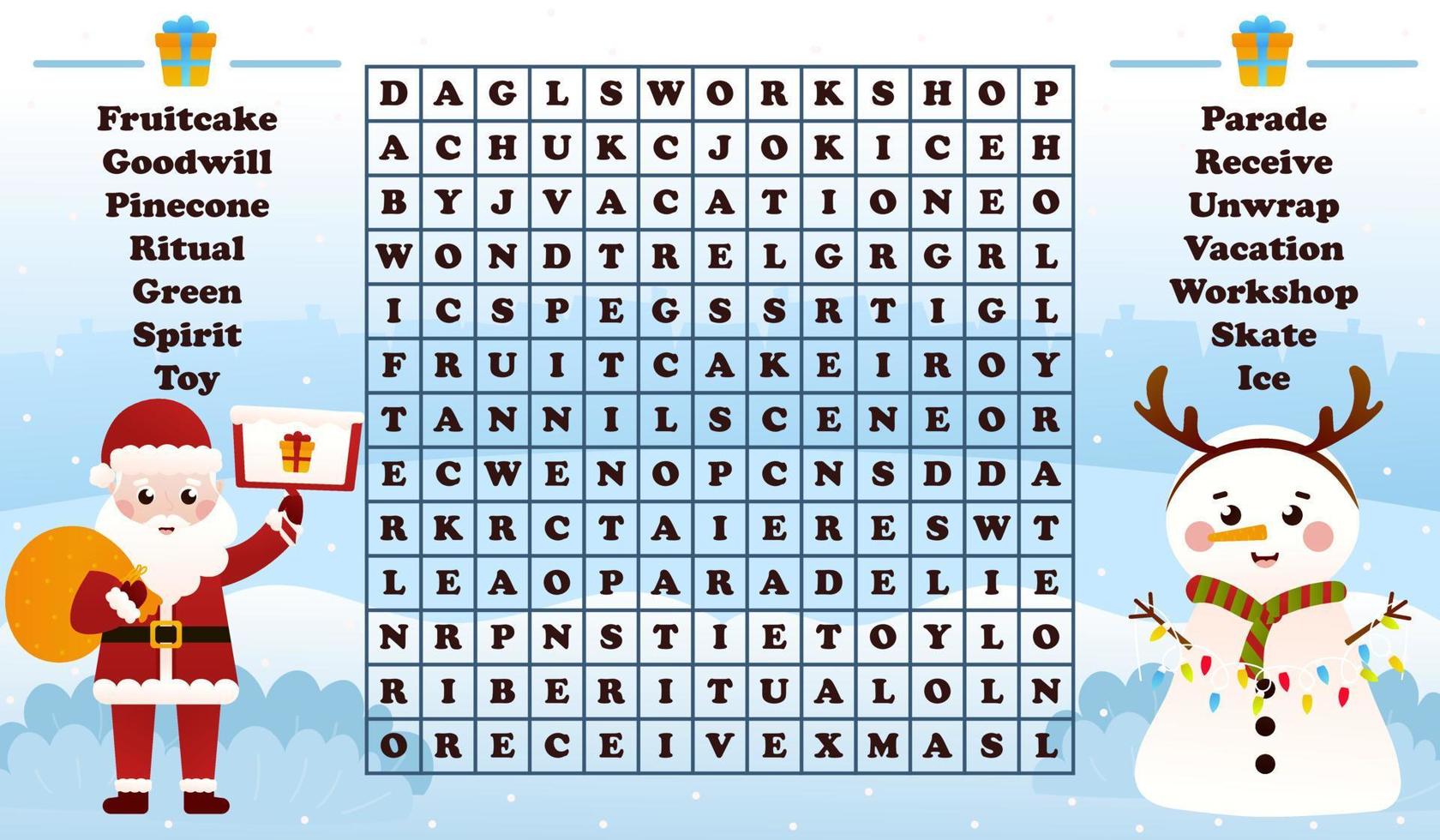 Christmas worksheet with word search game with santa claus and snowman, printable riddle for kids for winter holidays in cartoon style vector