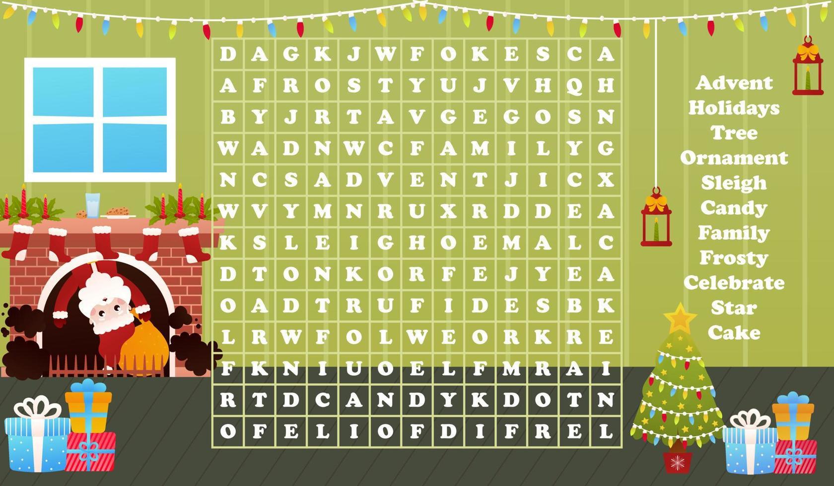 Christmas worksheet with word search game with santa claus comes out from chimney, printable riddle for kids for winter holidays in cartoon style vector