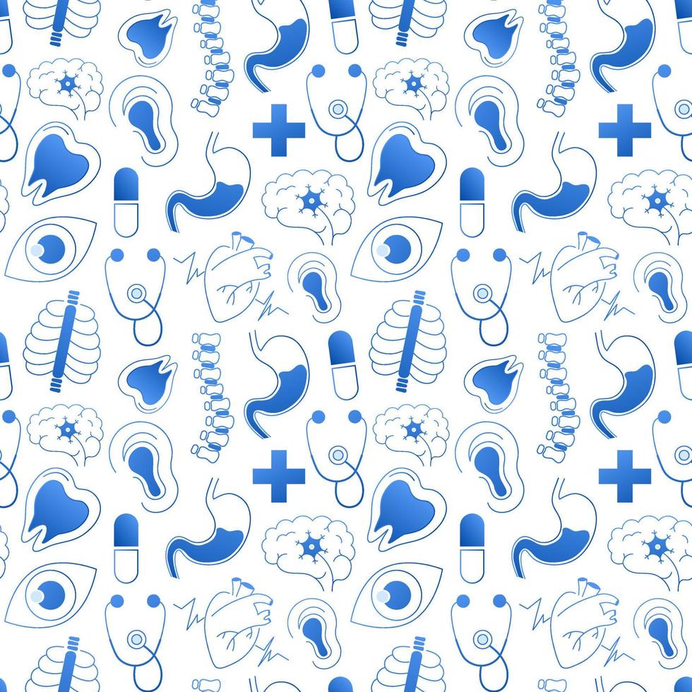 Seamless medical specialties pattern on white background for packaging design, wrapping paper, fabric or textile print, wallpaper for medical conference, hospital theme vector