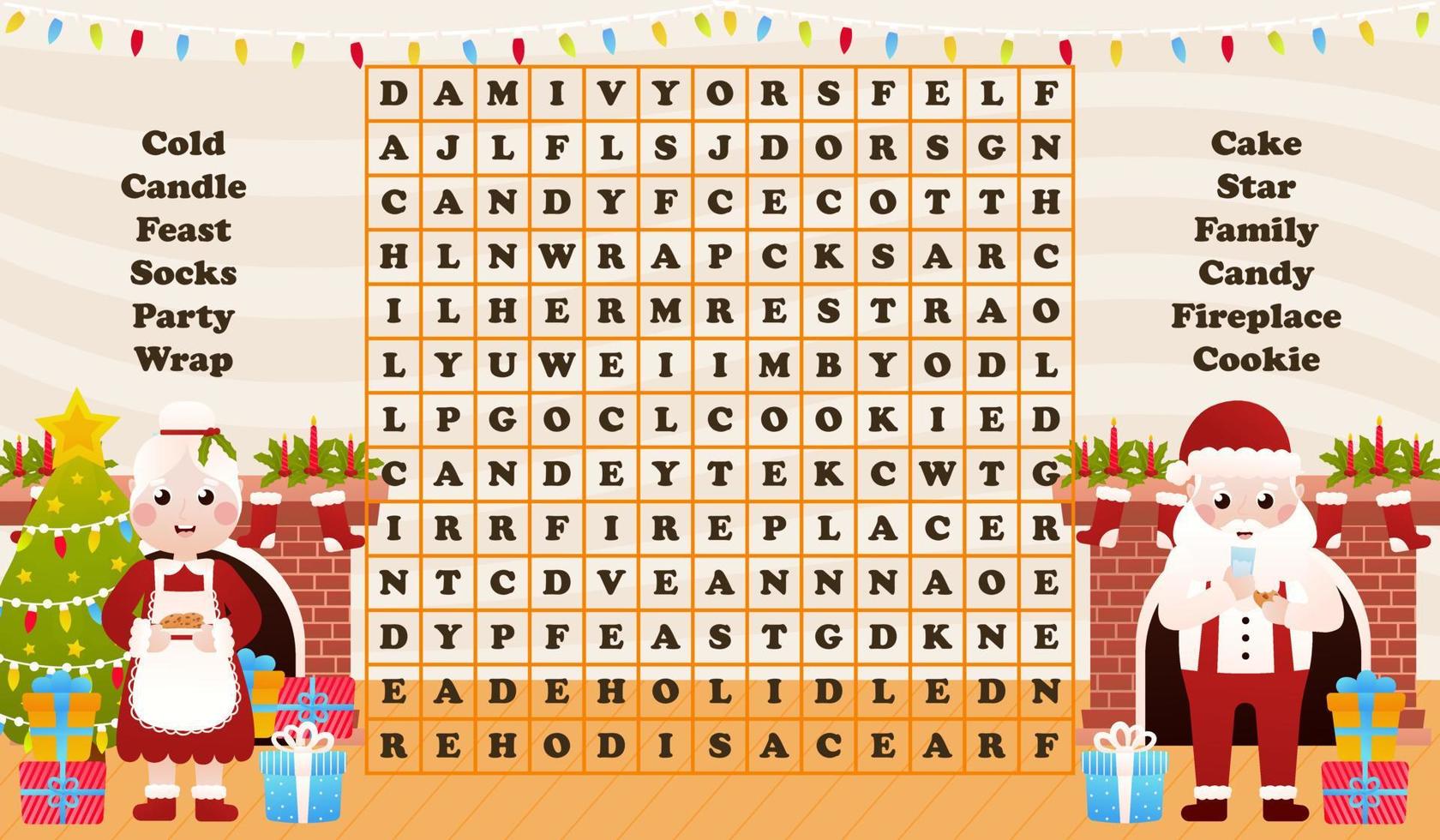 Christmas worksheet with word search game with santa claus eating cookies and mrs claus holdind milk, printable riddle for kids for winter holidays in cartoon style vector