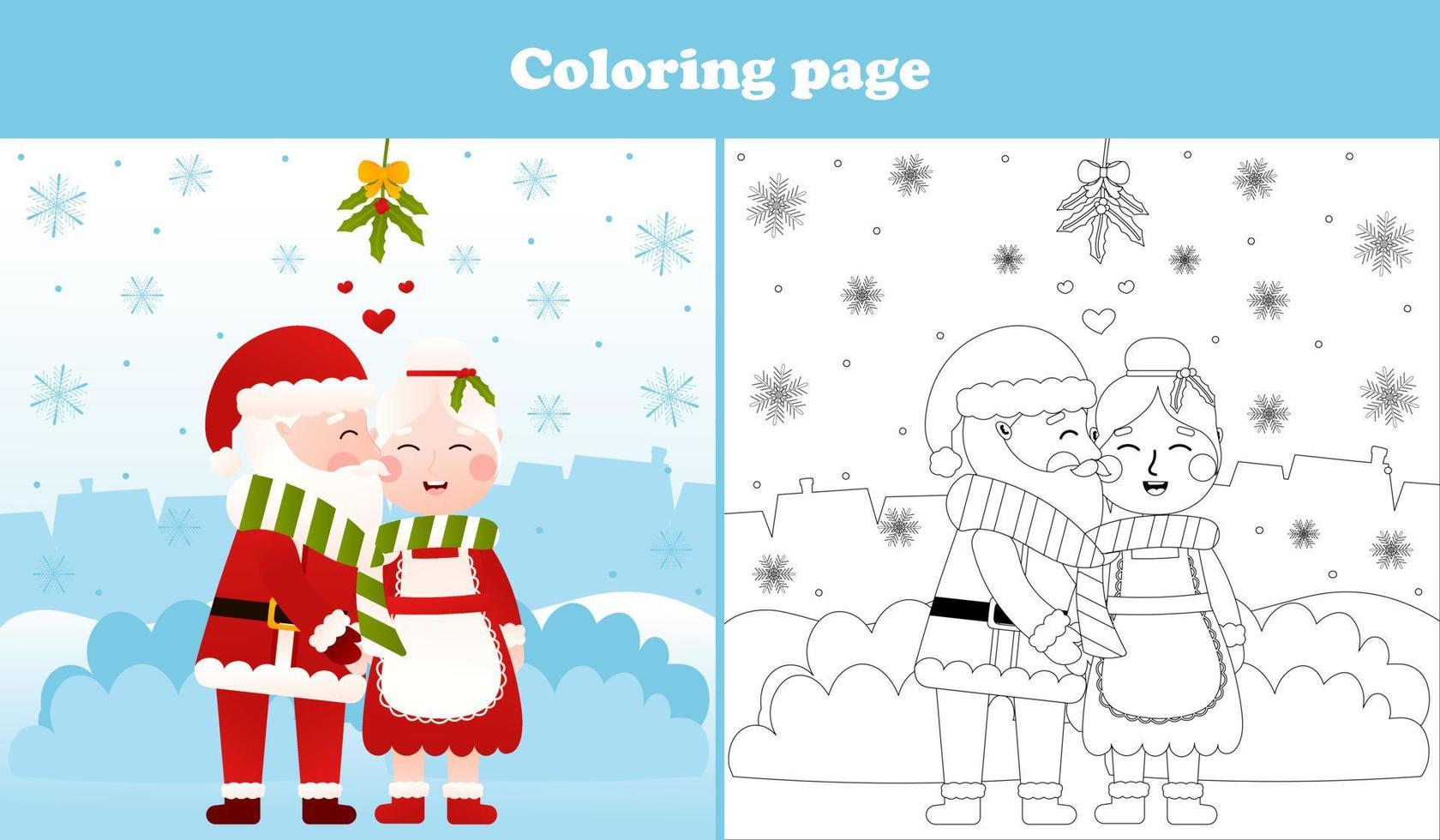 Christmas coloring page with santa claus character and mrs claus kissing, printable worksheet for kid in cartoon style, winter holidays activity vector