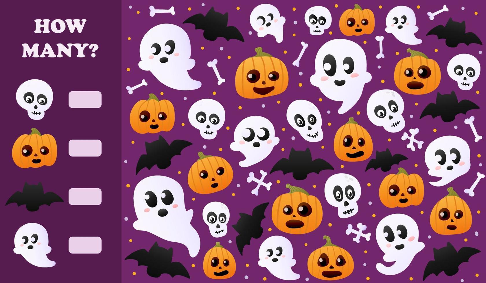 I spy game for halloween worksheets for kids with ghosts, spooky pumpkins, counting puzzle for books vector