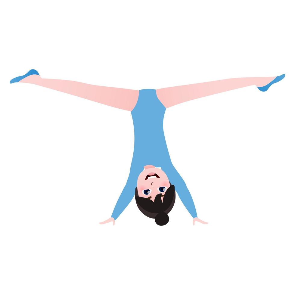 Little gymnast training, doing exercises for stretching and flexebility, athletic pose of twine in cartoon style on white background vector