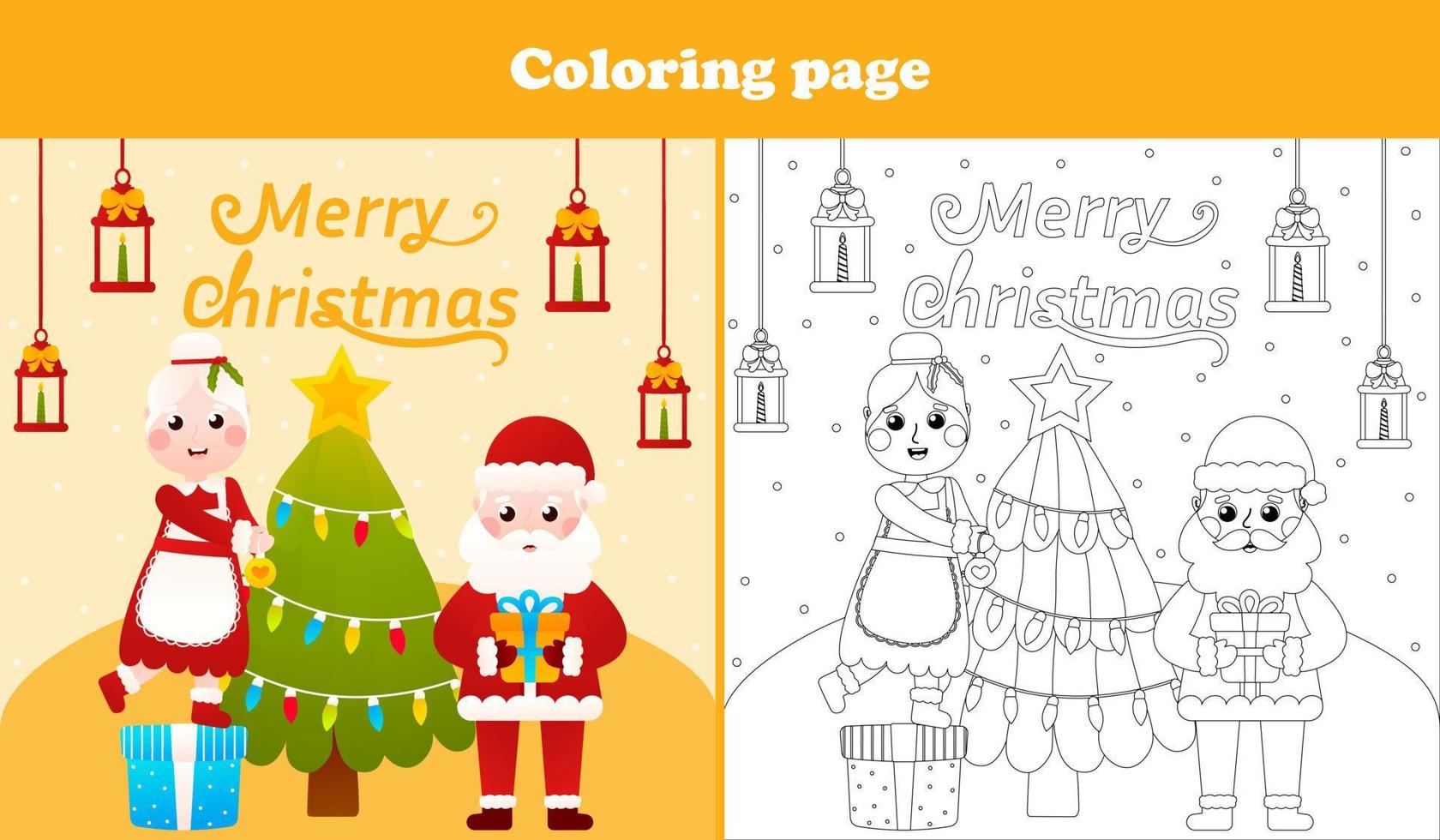 Santa and Mrs Claus decorating christmas tree coloring page for children activity book for christmas, printable worksheet in cartoon style vector