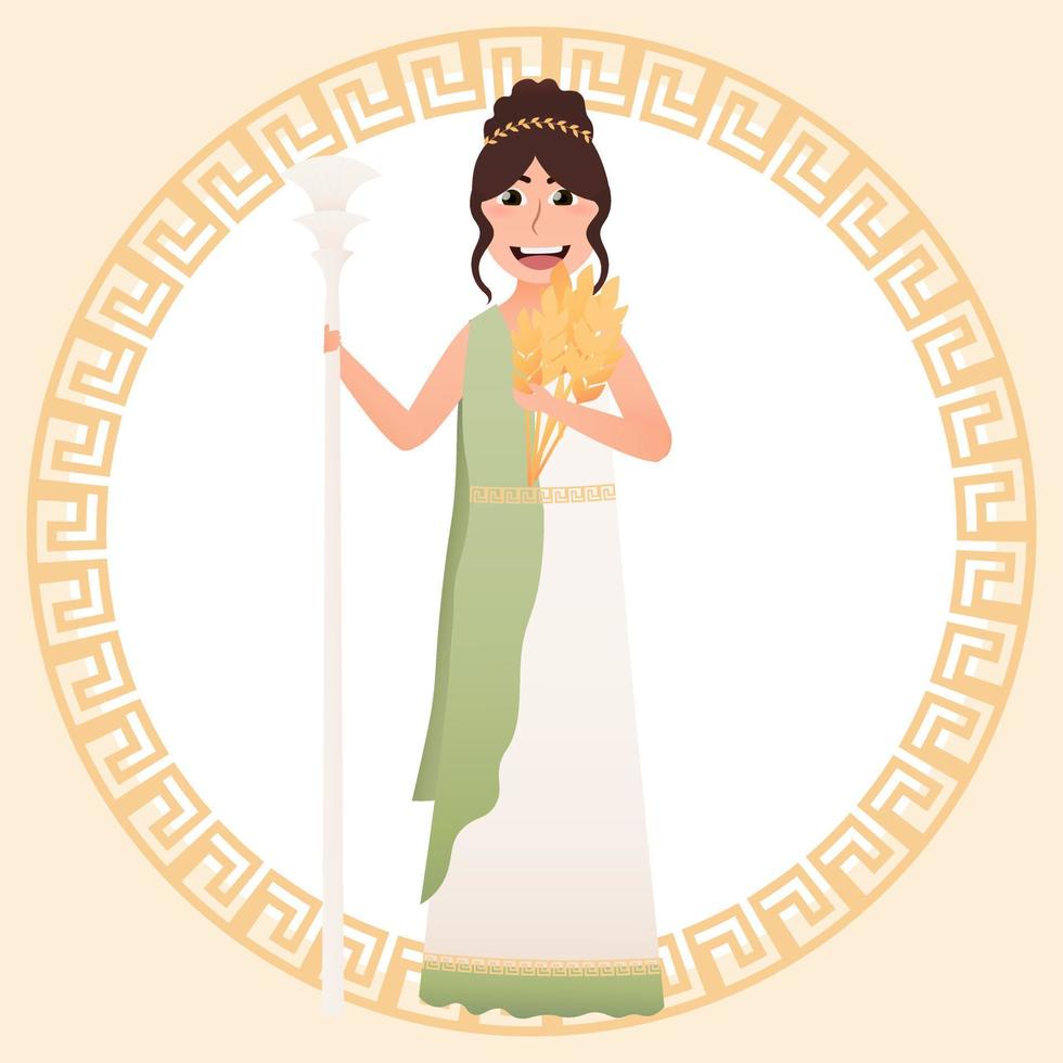 Greece goddess of harvest and grain - Demeter, cute girl in ancient greece costume, holding wheat, meander on background, olympic pantheon vector