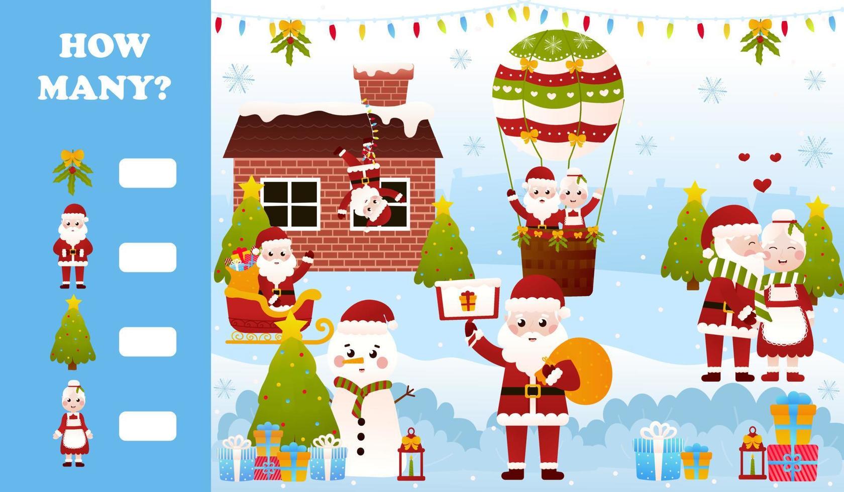 Christmas riddle for kids with santa claus, mrs claus and snowman, printable worksheet for children in cartoon style, how many game vector