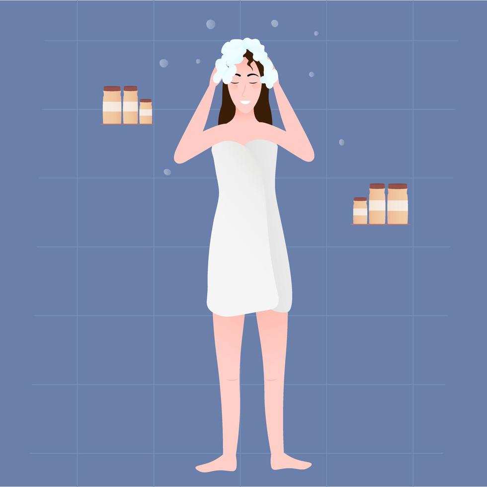 Happy girl washing hair in bathroom, health hair protection, daily routine, hygiene concept in cartoon style vector