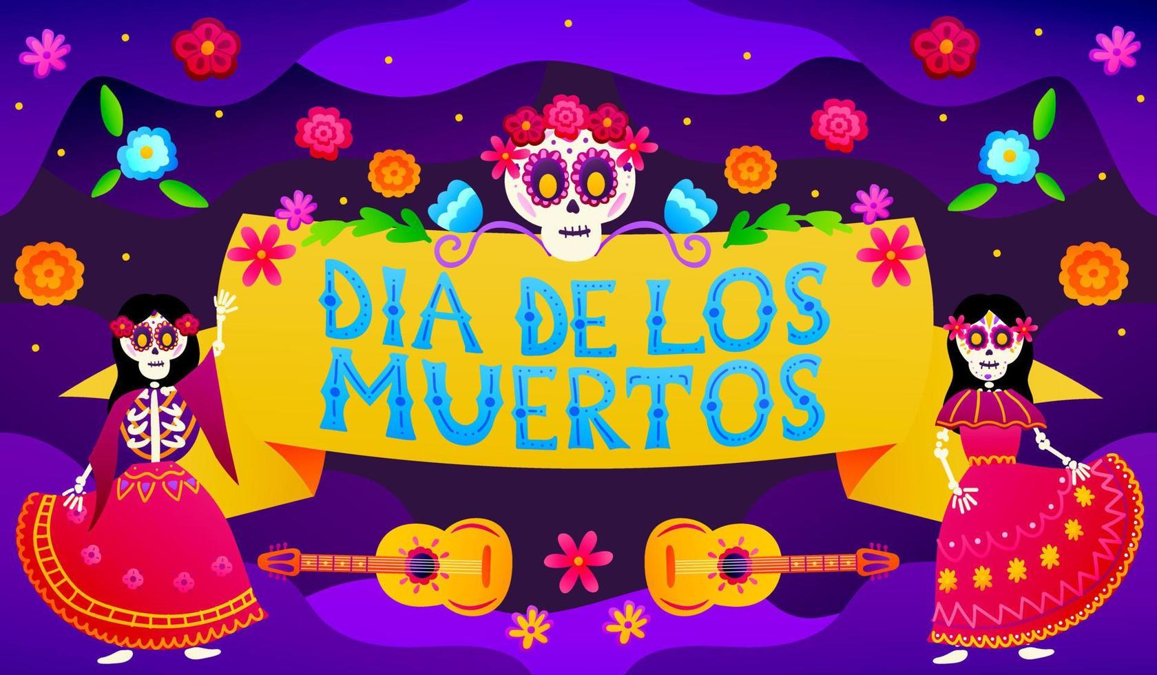 Greeting card for mexican holiday dia de los muertos festival with colourful lettering and dancing skeleton characters in traditional outfits, floral ornate and sugar skulls, day of the dead vector