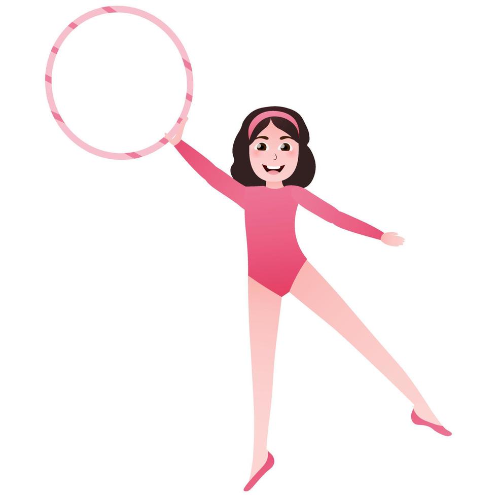 Little girl practicing gymnastics poses with hoop, training for competition, afterschool activity in cartoon style on white background vector