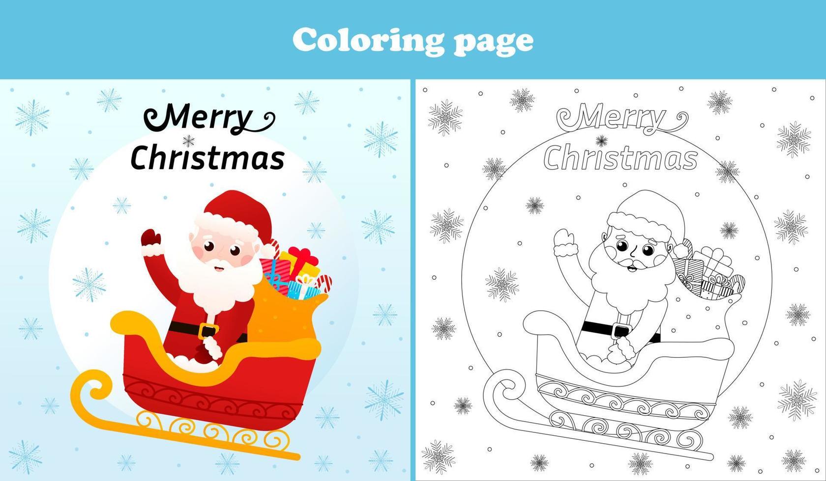 Santa Claus on sleigh full of gifts coloring page for kids, printable worksheet for children activity book in cartoon style vector