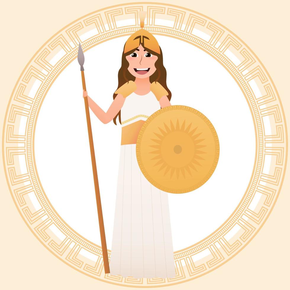 athena diosa olímpica de grecia de la sabiduría, la artesanía y la guerra, niñita con vestido antiguo para mascarada o actuación teatral, diosa mítica en estilo de dibujos animados vector