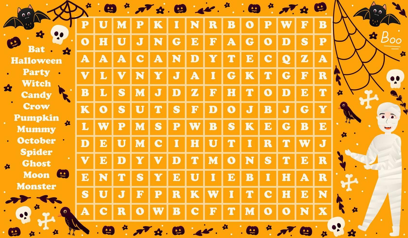 Colourful halloween riddle for kids, word search game with mummy character and bats, spooky worksheet for children books, educational activity on orange background in cartoon style vector