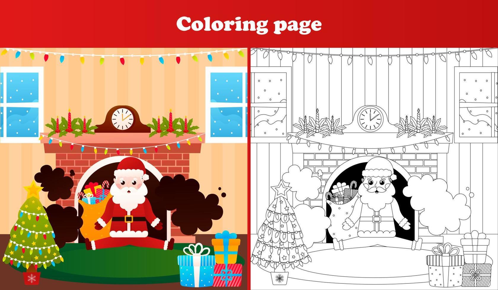 Santa Claus sitting near fireplace with gift boxes coloring page for kids, christmas themed printable worksheet for children activity book vector