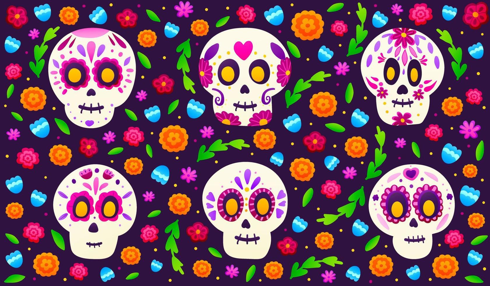 calaveras de azúcar con flores de colores sobre fondo oscuro, pancarta para el día de fiesta mexicano dia de los muertos en estilo de dibujos animados, adornado floral con caléndulas vector