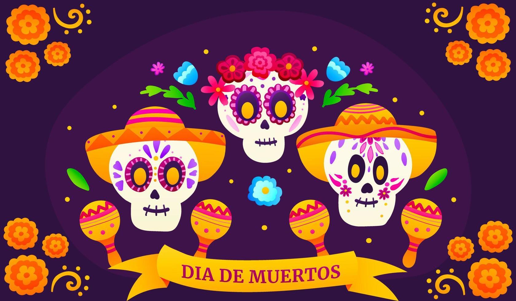 Dia de los muertos greeting banner with colourful sugar skulls and flowers, mexican day of dead with cute skeletons in cartoon style on dark background with marigolds, festival celebration vector