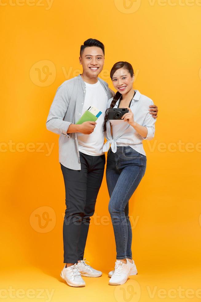 young couple go to travel and take passport photo