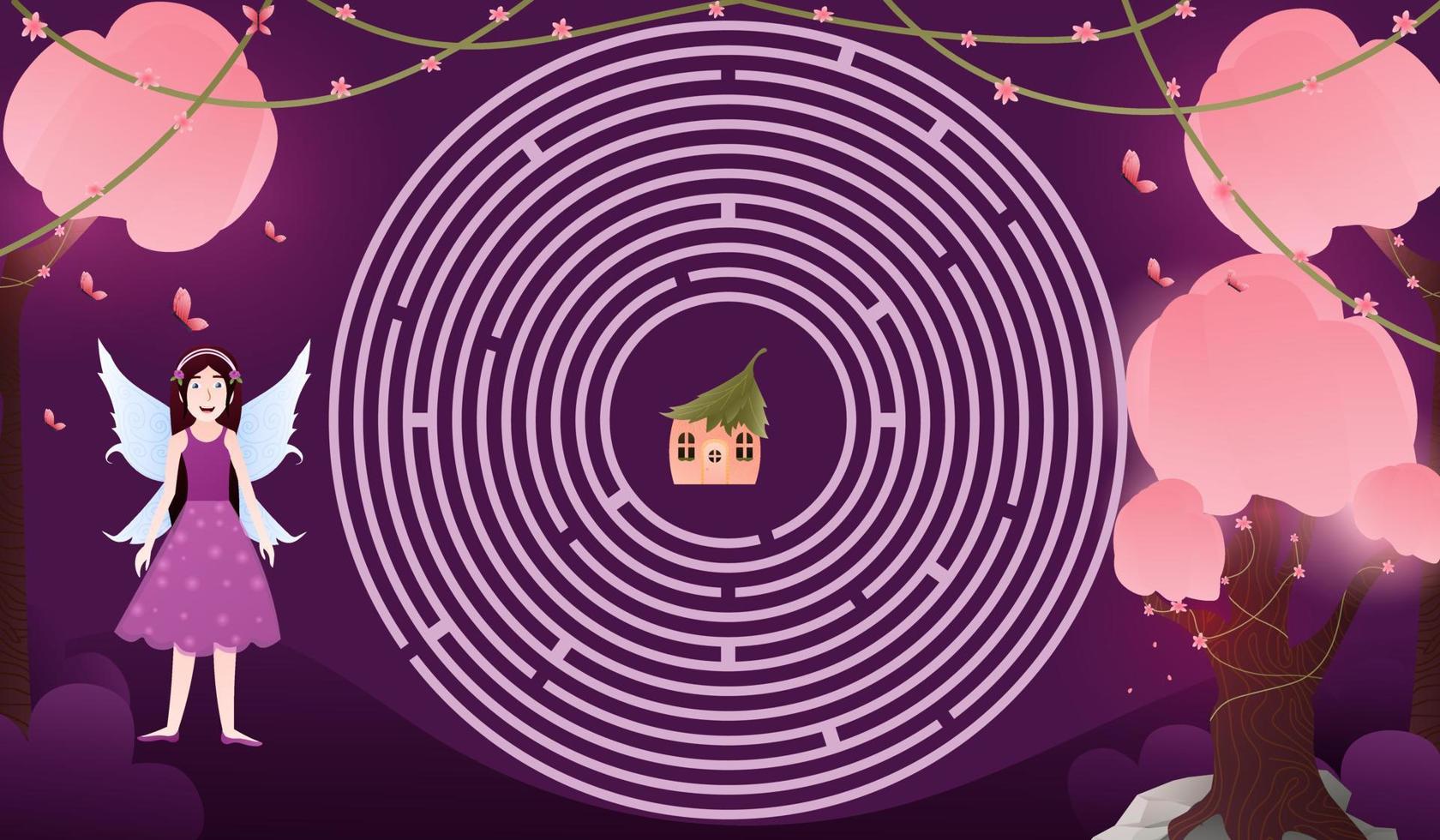 Help find way little cute fairy to her home, find way logical game for kids, circle labyrinth in cartoon style vector