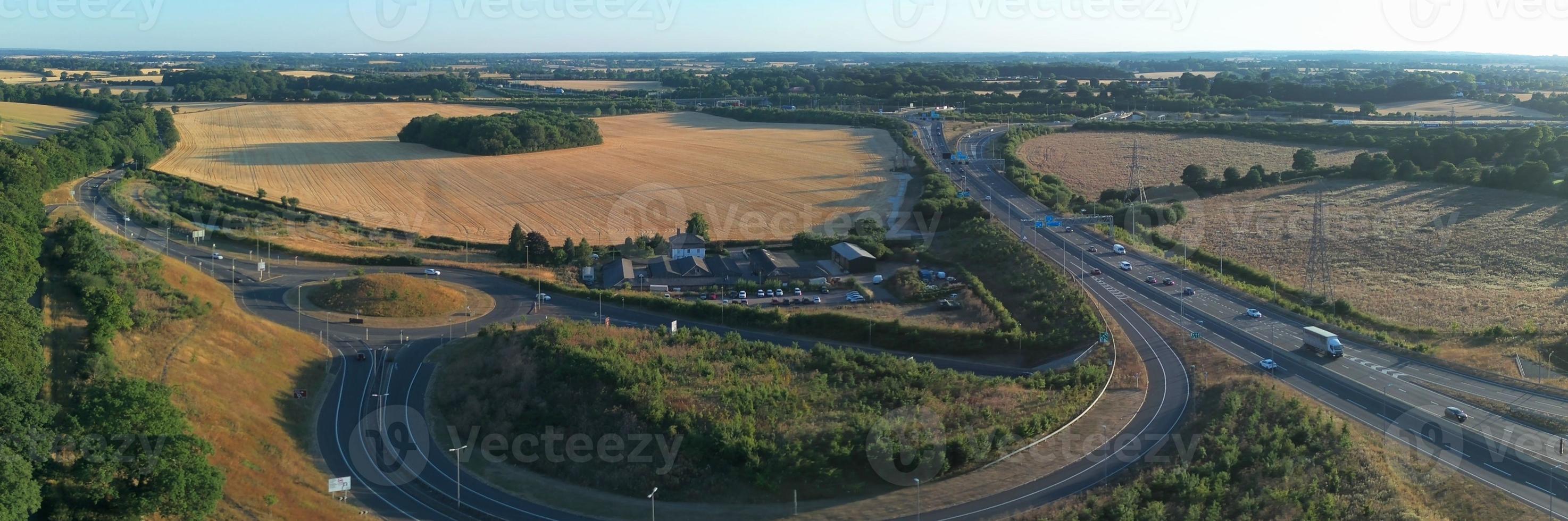 High Angle View of Luton Airport Junction Interchange of Motorways M1 J10 at Luton City of England UK. it is Connection Luton City and London Luton Airport Image Created on 11th August 2022 with Drone photo