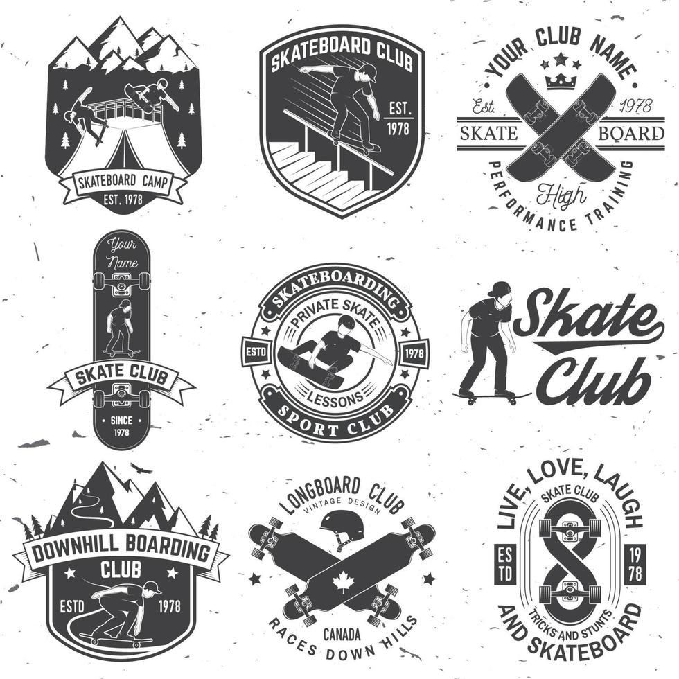 conjunto de insignias del club de skateboard y longboard. ilustración vectorial vector