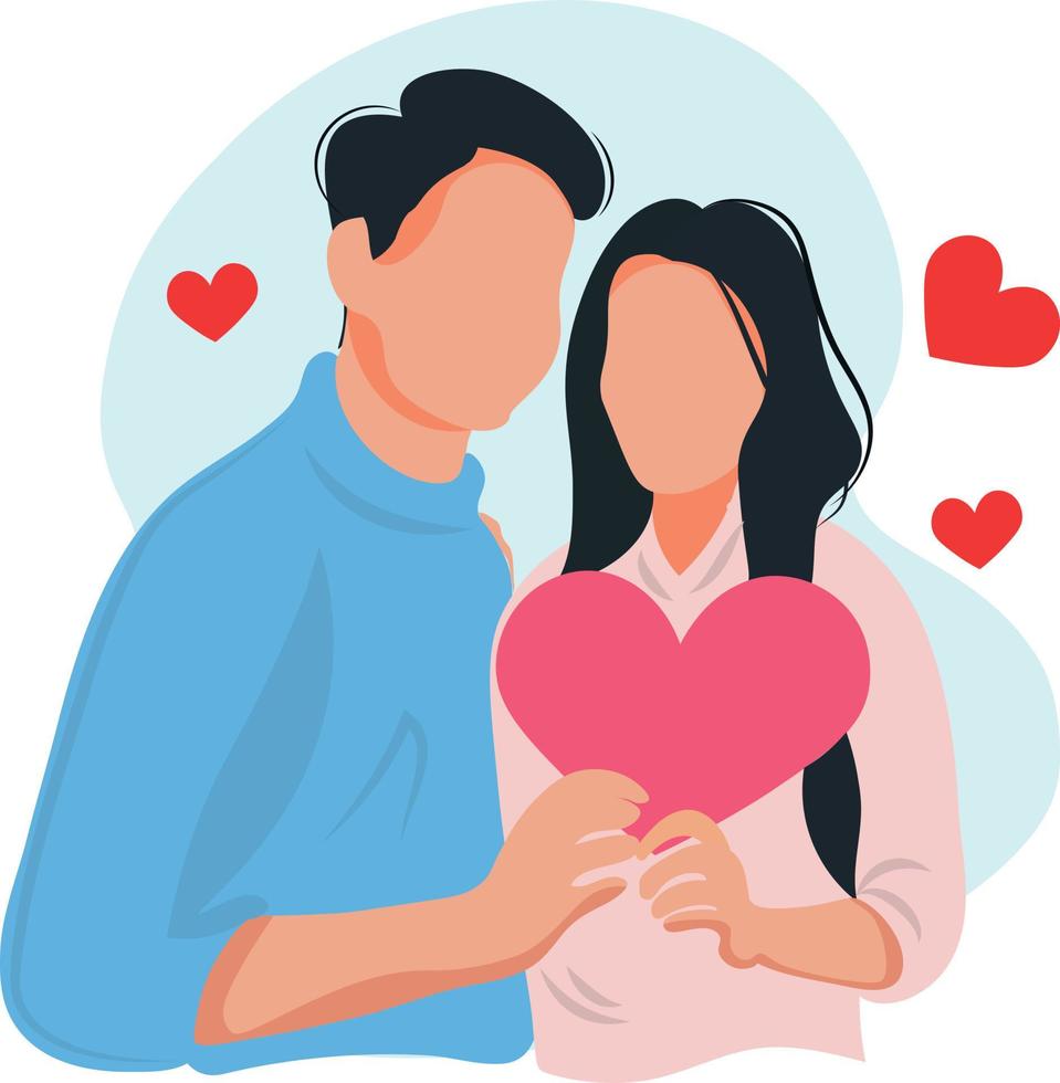 Portrait of young couple in love holding red paper heart. vector