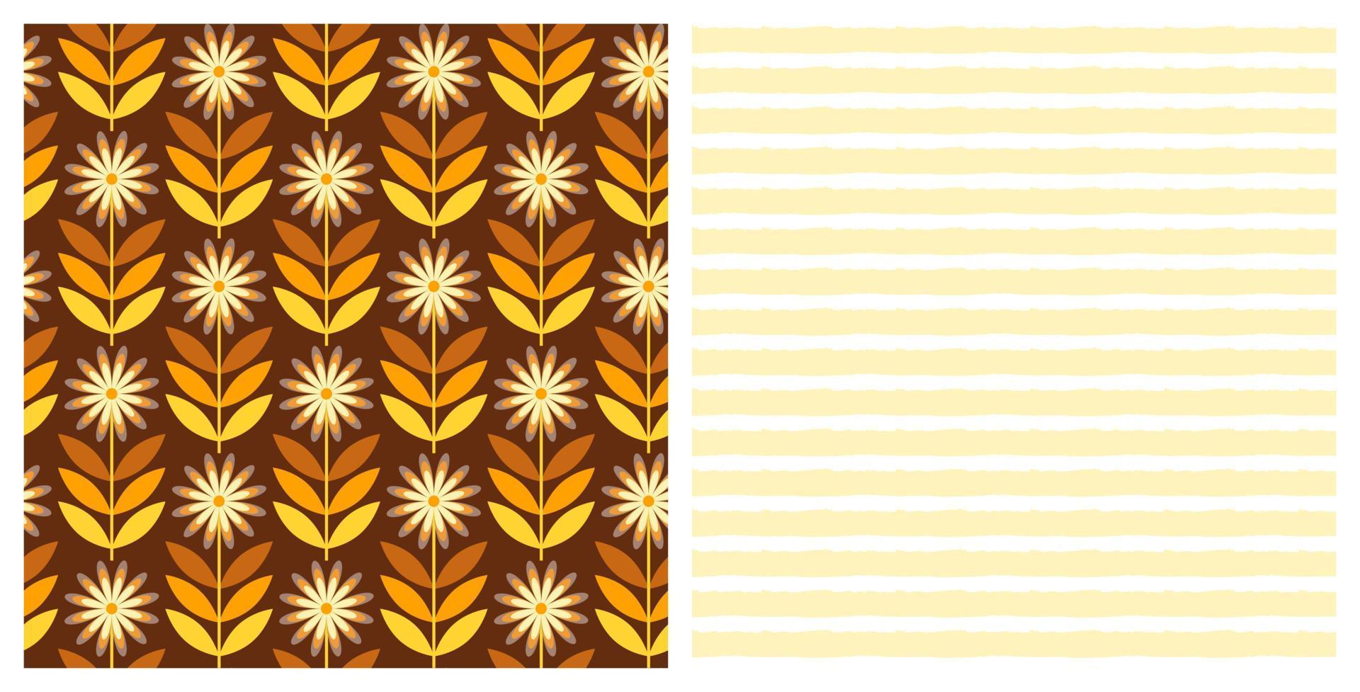 Seamless Autumn patterns in warm colours. Hand drawn vector flower design, Flowers and stripes. Background for scrapbooking, textile or wall paper.